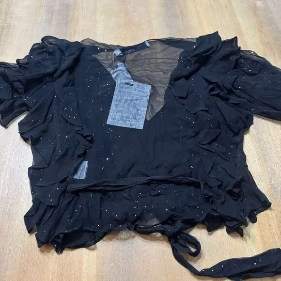 IRO Paris Lonila Ruffled Glitter-Embellished Georgette Blouse Medium Sz 36 Black